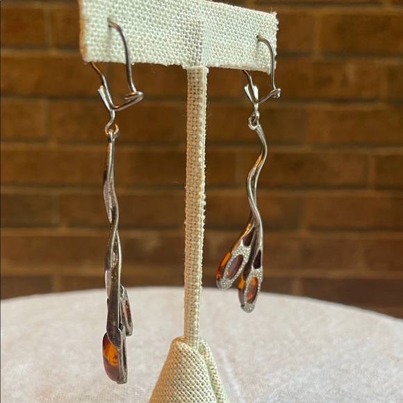 Handmade Sterling Silver and Baltic Amber organic floral hook back drop earrings - Picture 7 of 11